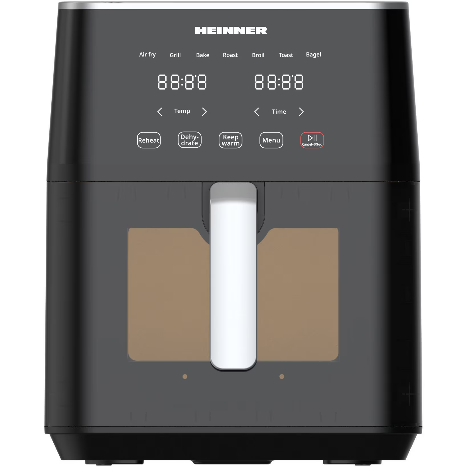 Een zwarte Heinner airfryer met digitaal display en bedieningsknoppen.
