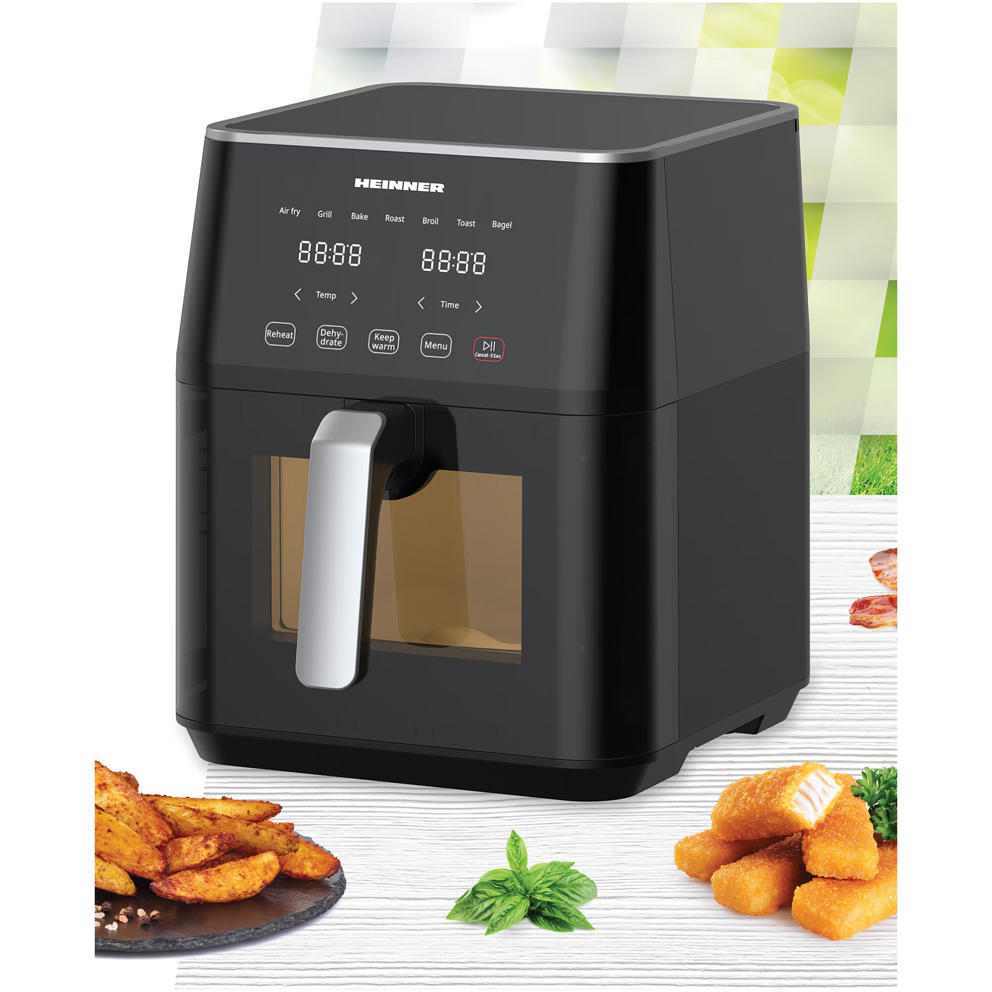 Een zwarte Heinner airfryer met digitale bedieningselementen en voedsel.