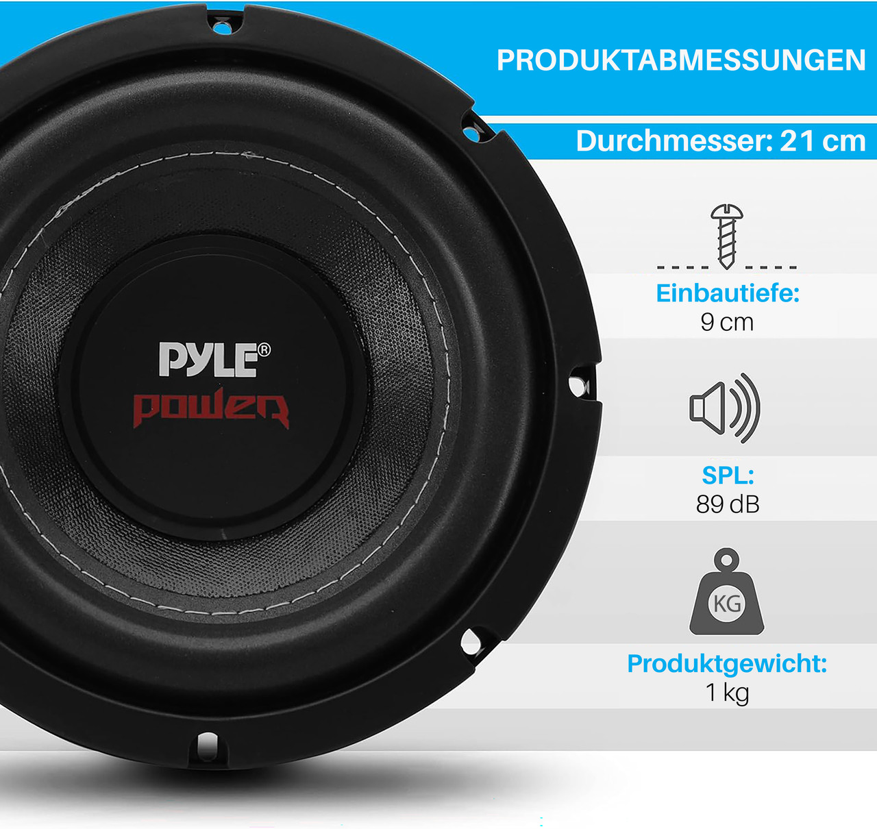 Schwarzer Subwoofer mit Pyle-Logo, Maße: 21cm Durchmesser, 9cm Einbautiefe.