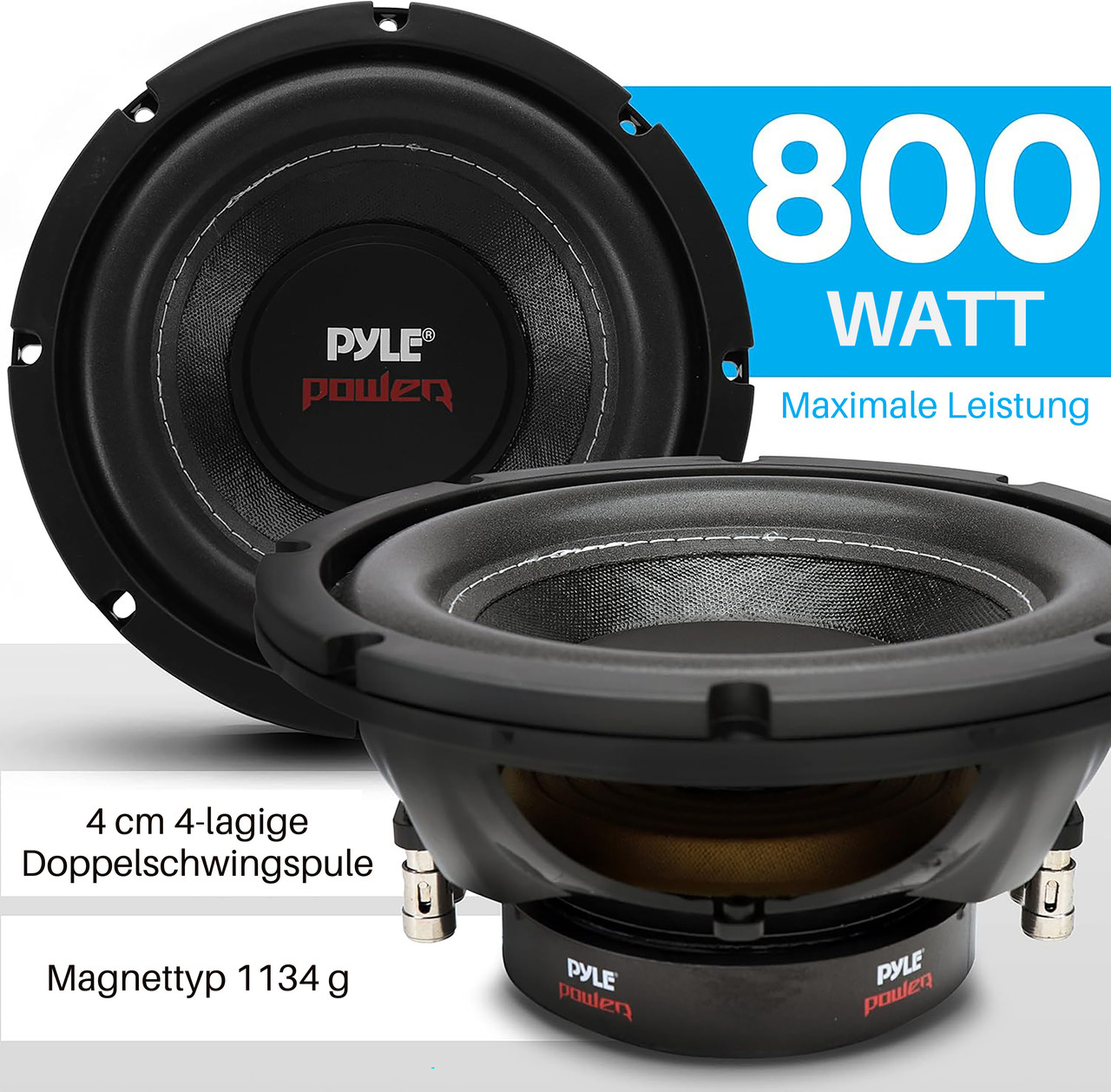 Zwei Pyle Subwoofer mit 800 Watt Leistung. Ein Modell ist von vorne, das andere von der Seite.