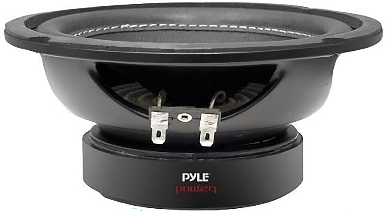 Schwarzer Subwoofer mit silbernen Anschlüssen und weißer Naht.