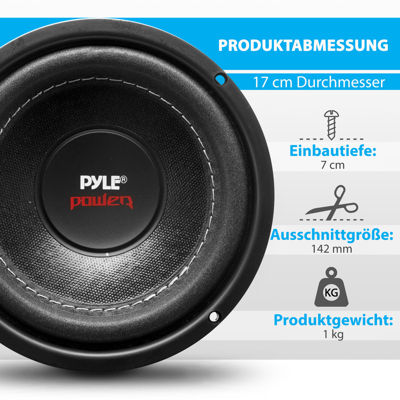 Ein schwarzer Pyle Power Subwoofer mit weißen Nähten und Produktmaßen.