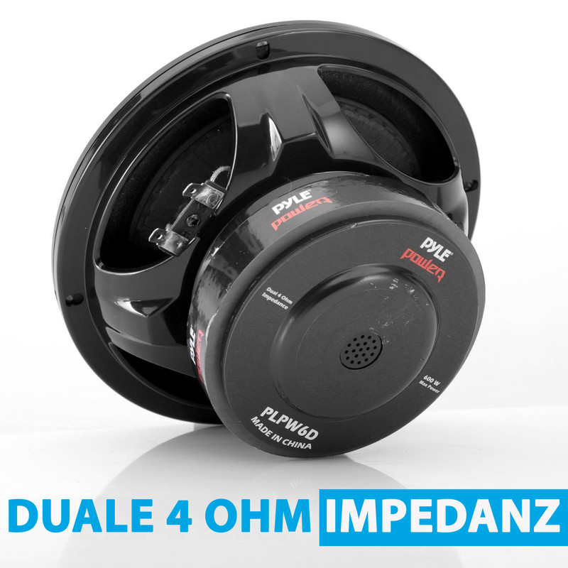 Schwarzer Pyle Subwoofer mit rotem Logo, Modell PLPW6D, dual 4 Ohm Impedanz.