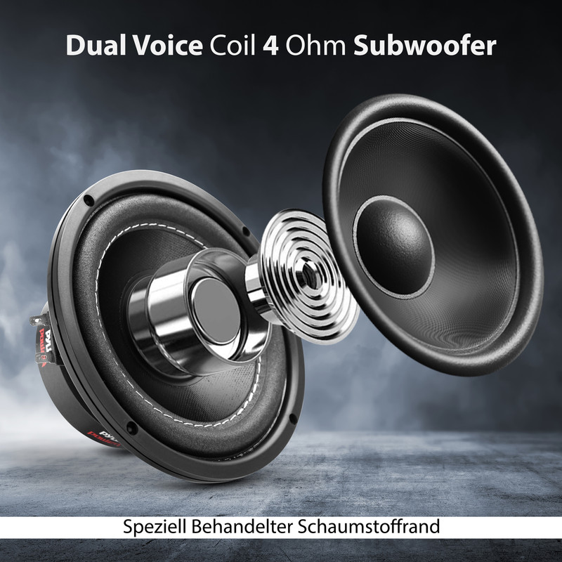 Ein Dual Voice Coil 4 Ohm Subwoofer mit freigelegtem Schwingspulen-System.