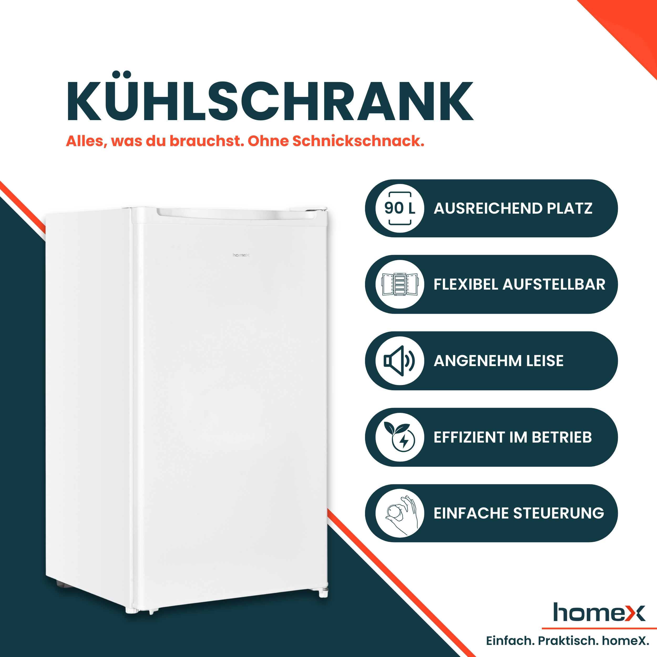 Ein weißer Kühlschrank mit den Merkmalen: 90 L, flexibel, leise, effizient, einfache Steuerung.
