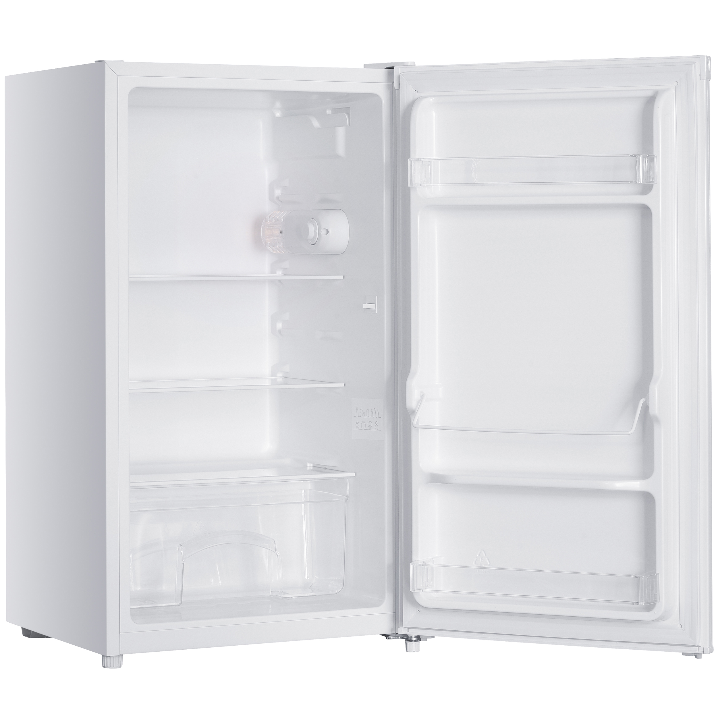 Ein weier, leerer Khlschrank mit geffneter Tr. Regale und Schublade sichtbar.