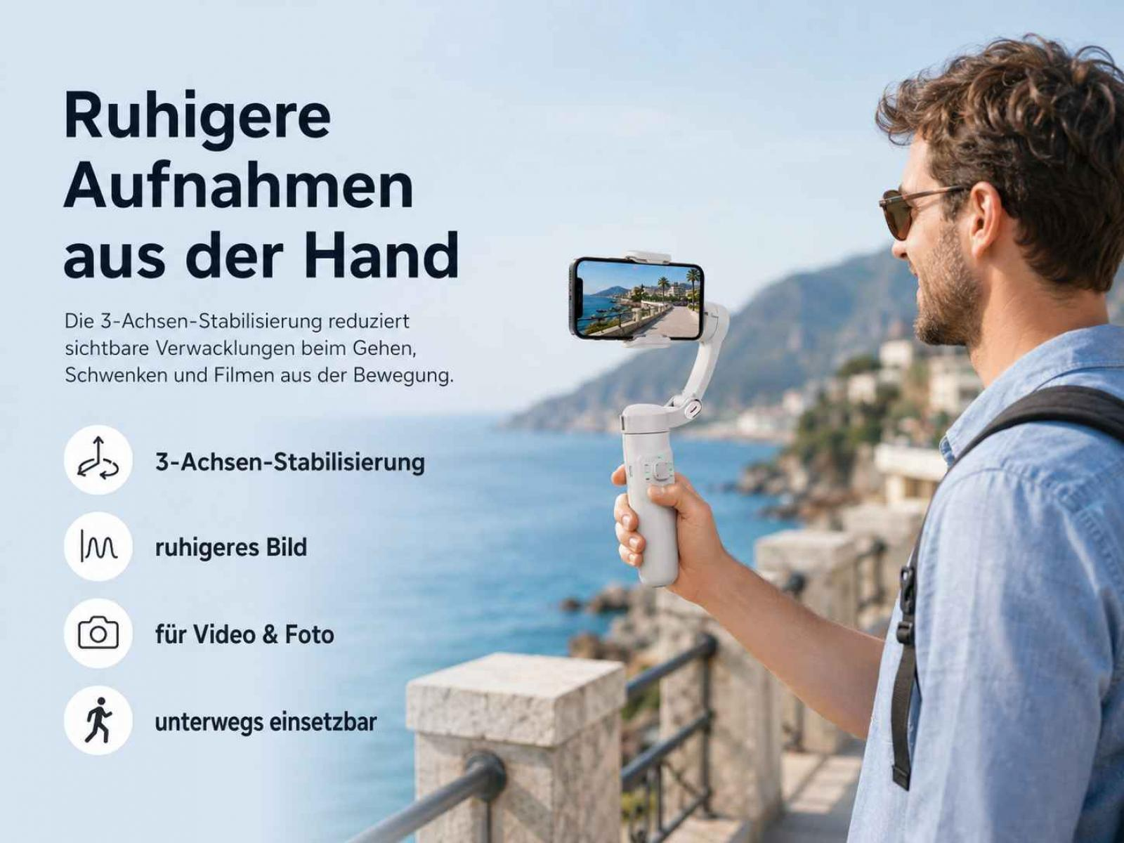 Mann mit Gimbal und Handy filmt Landschaft. Text über Stabilisierung.