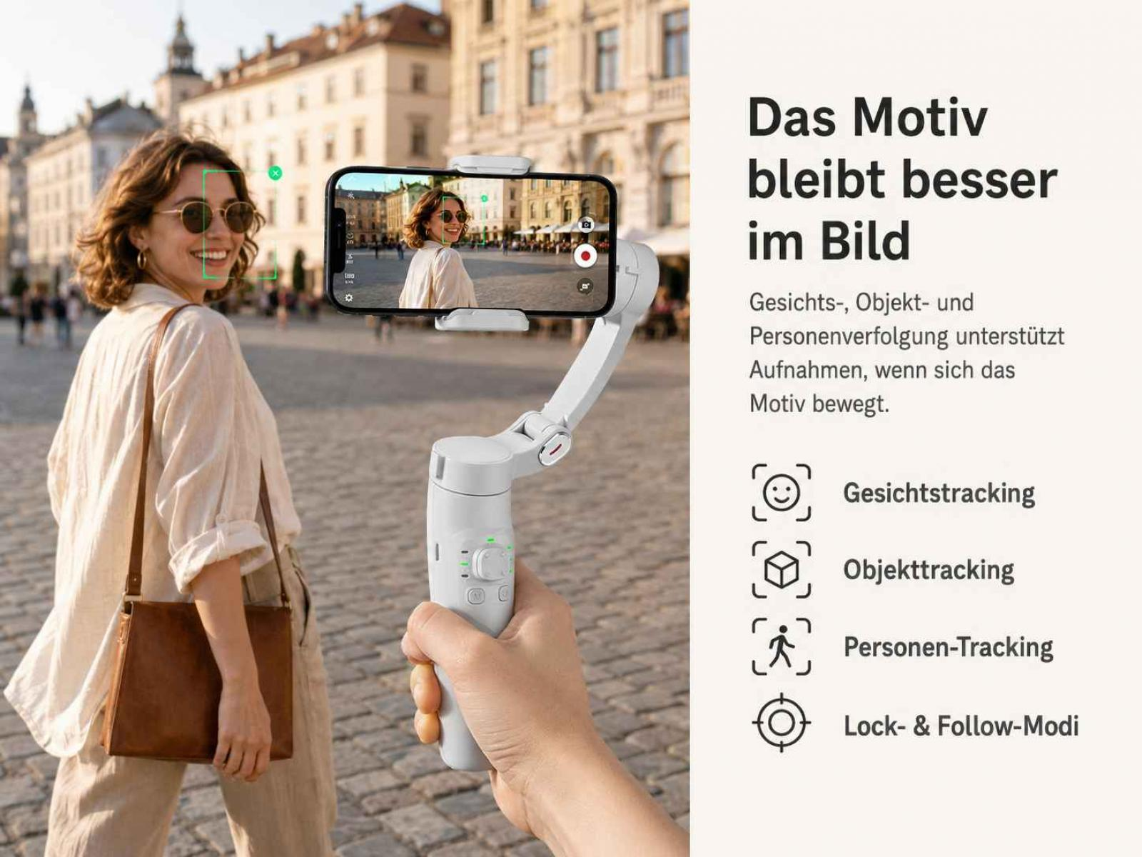 Ein Gimbal mit Handy hält eine lächelnde Frau im Bild, mit Text über Tracking.