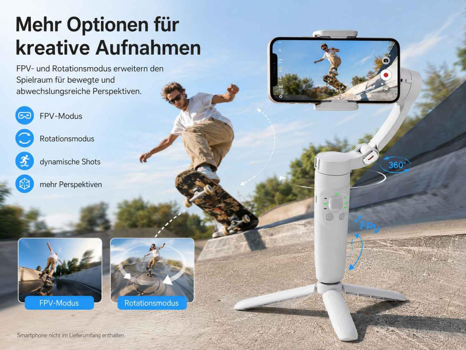 Ein Gimbal hält ein Smartphone, das einen Skateboarder filmt. Mehr Optionen für kreative Aufnahmen.