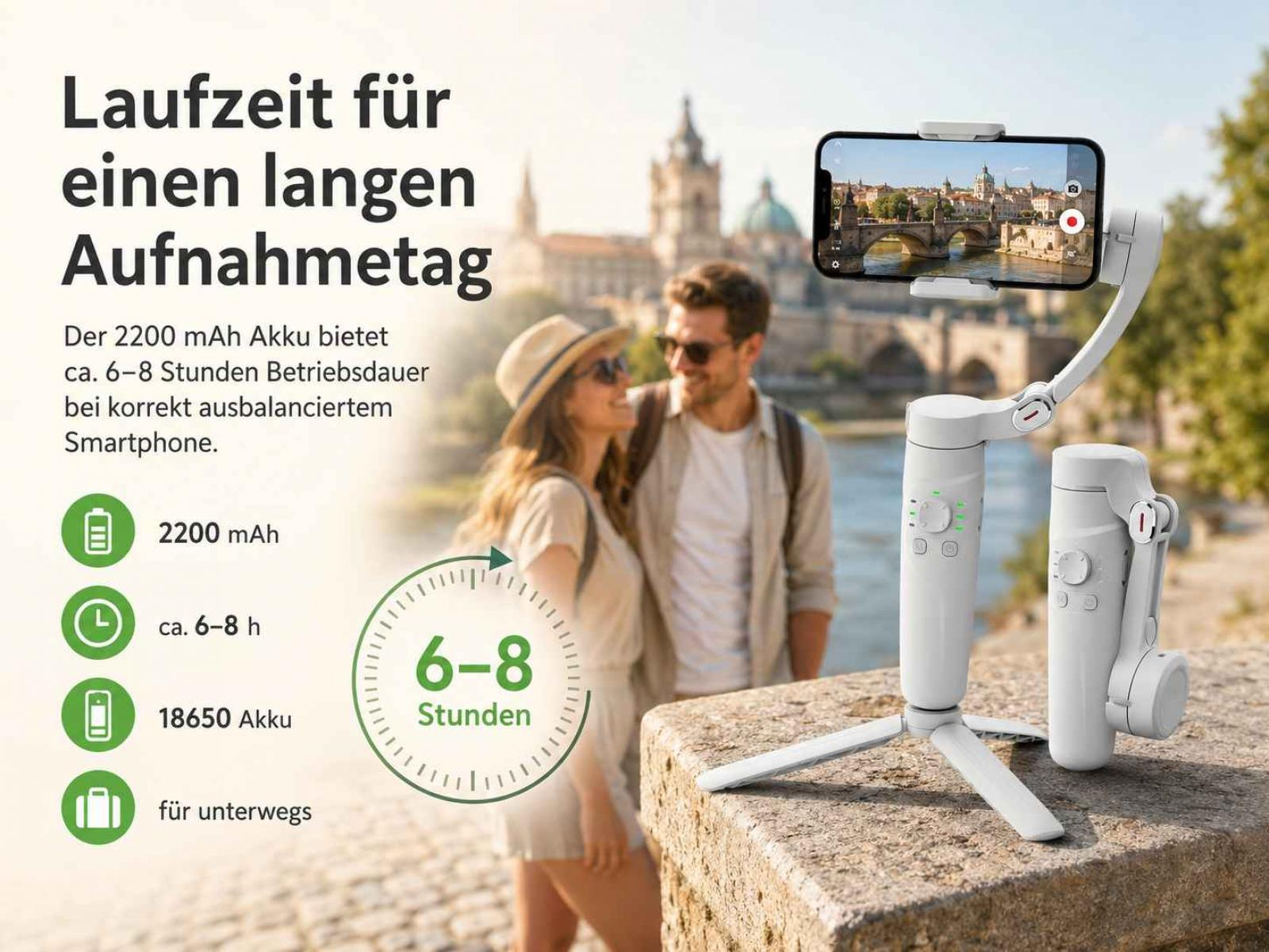 Weißer Smartphone-Gimbal mit Stativ. Paar im Hintergrund. Text über Akkulaufzeit.