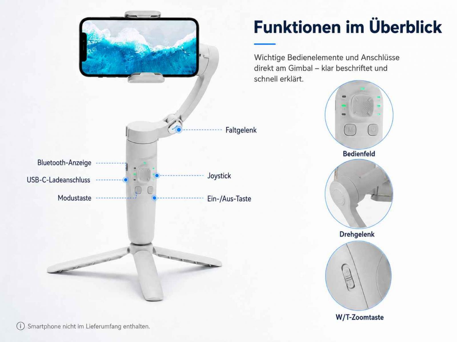 Ein weißer Gimbal mit Smartphone, der Funktionen wie Faltgelenk, Joystick und Bedienfeld zeigt.