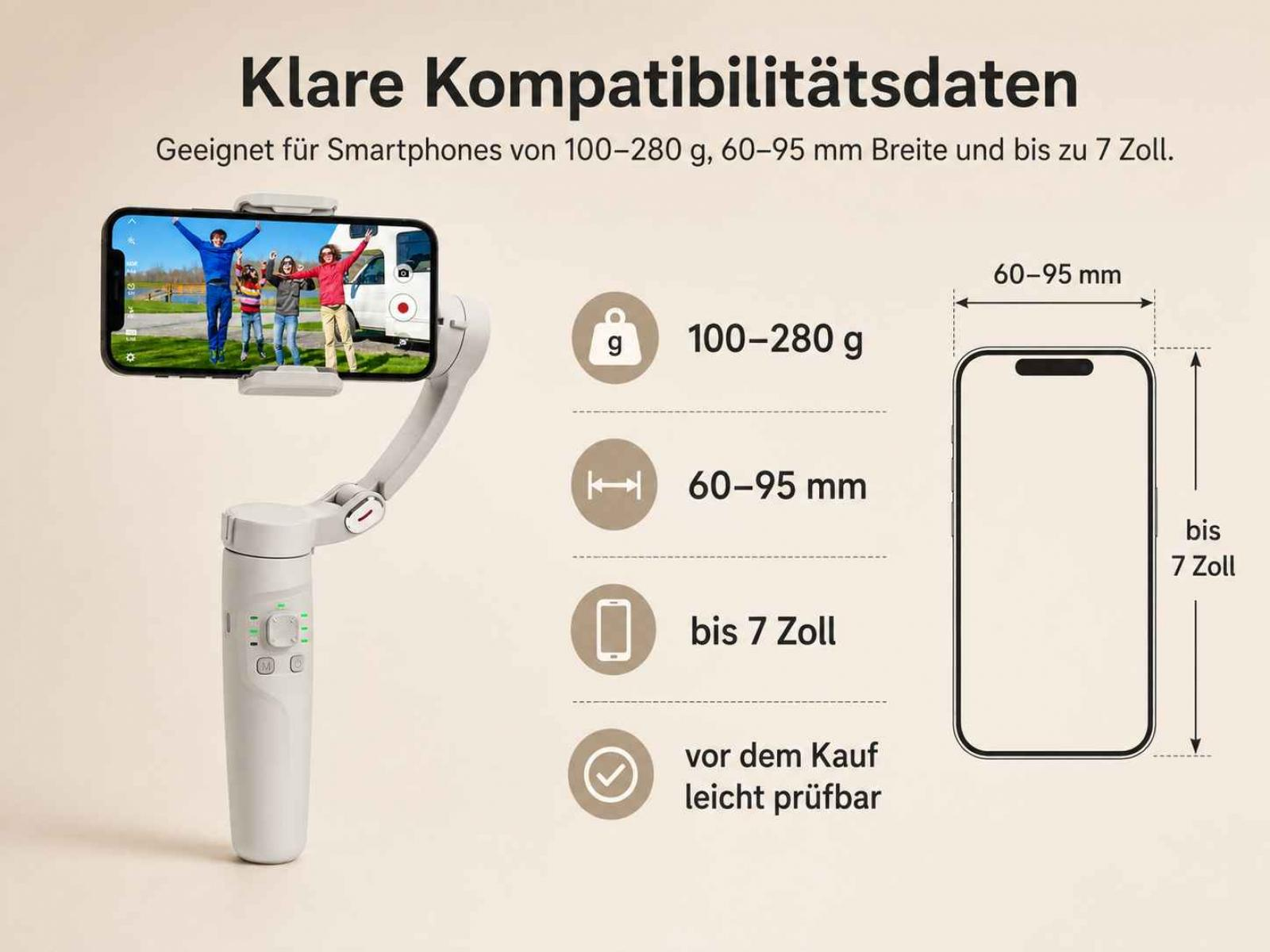 Ein Gimbal für Smartphones von 100-280g, 60-95mm Breite, bis 7 Zoll.