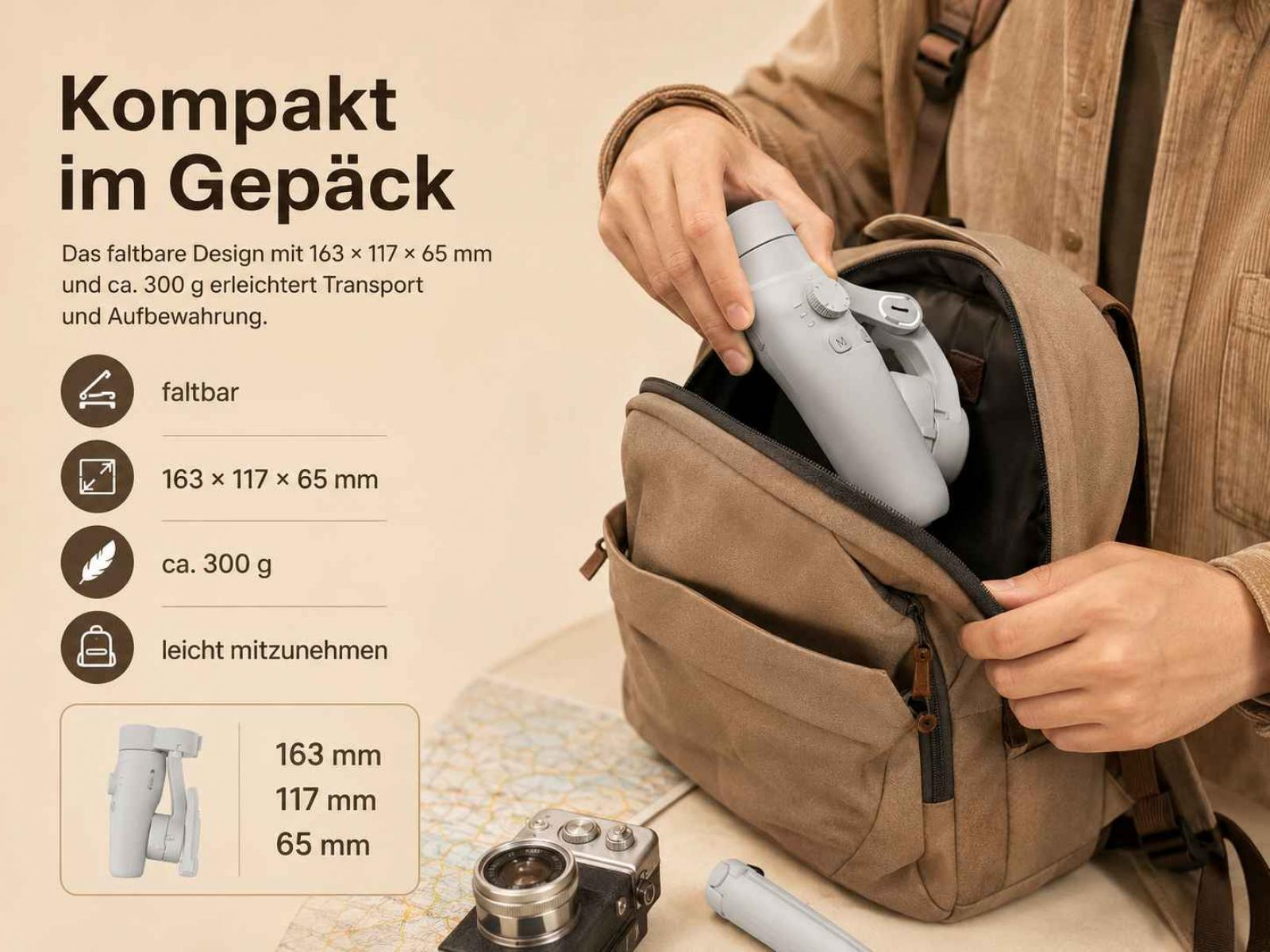 Graues Gimbal wird in eine braune Tasche gepackt. Maße und Gewicht aufgeführt.