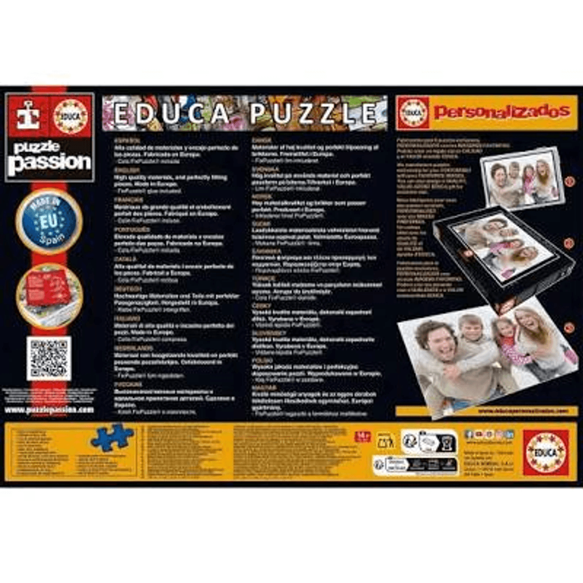Embalaje de rompecabezas con información multilingüe y fotos familiares.