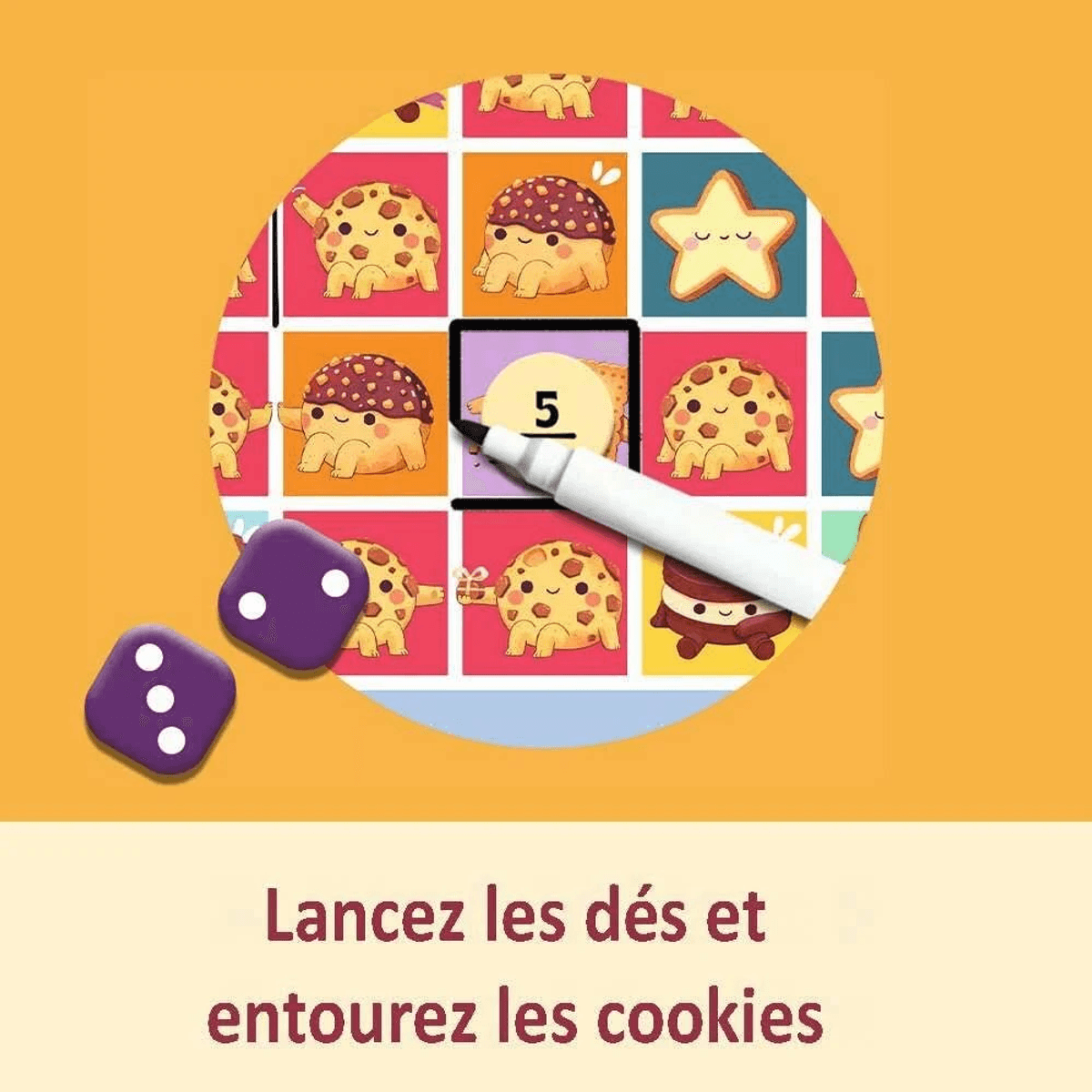Dos dados morados junto a un tablero de juego con personajes de galletas.