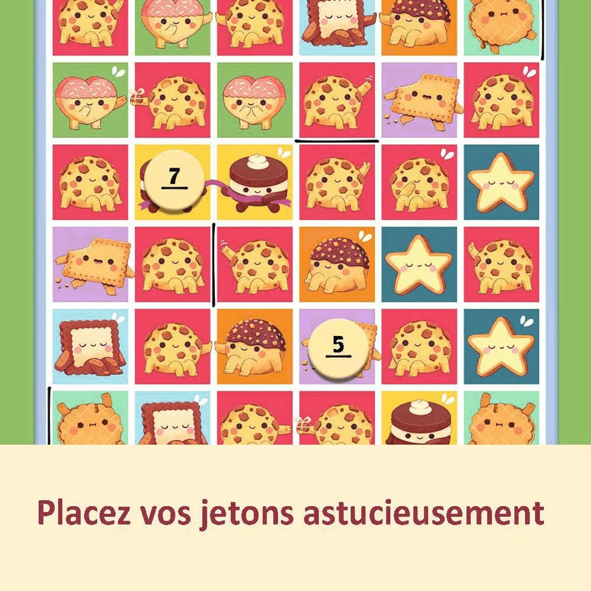Un tablero de juego con galletas, estrellas y números, enmarcado en verde.