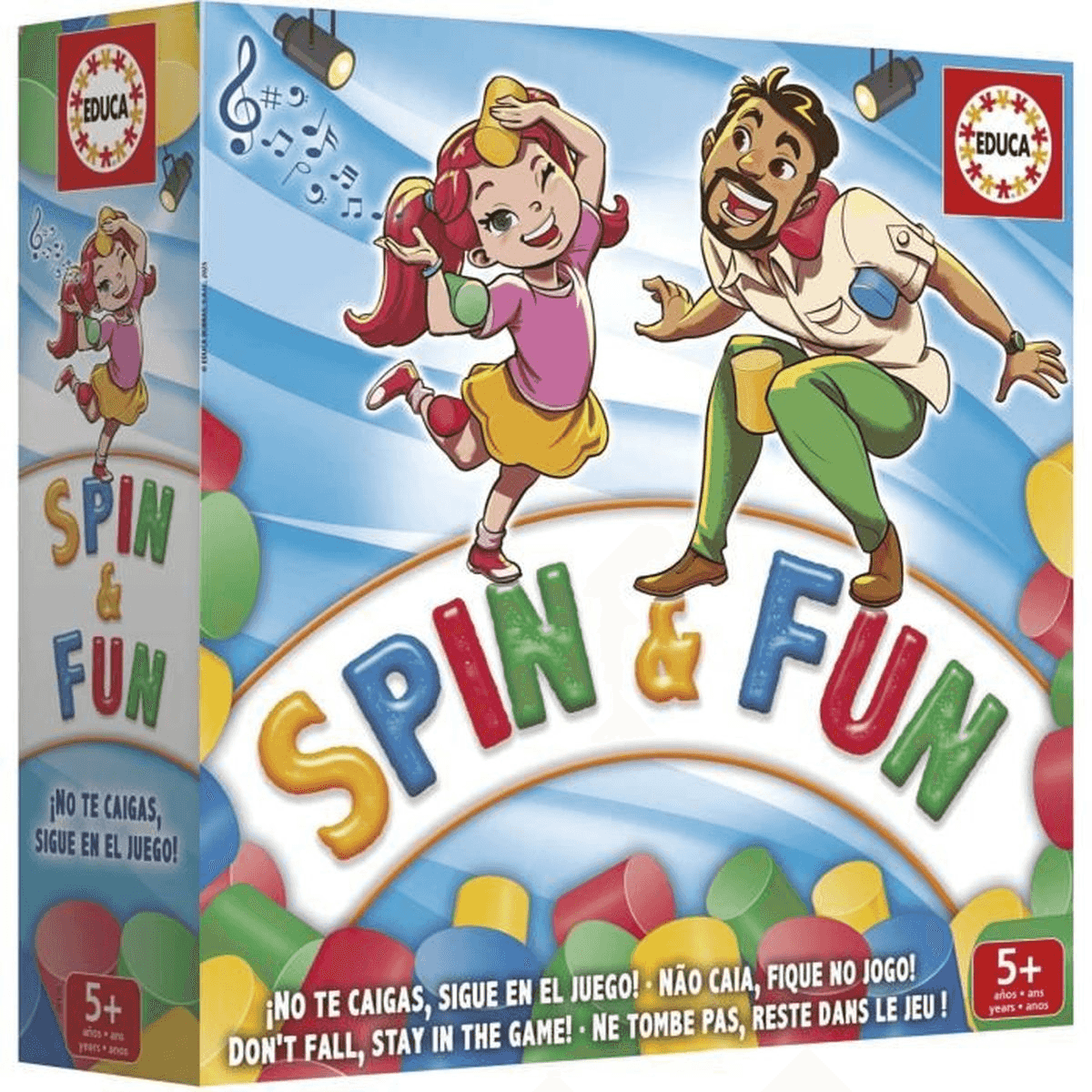 Caja del juego "Spin & Fun" con niños bailando y un hombre sobre fondo colorido.