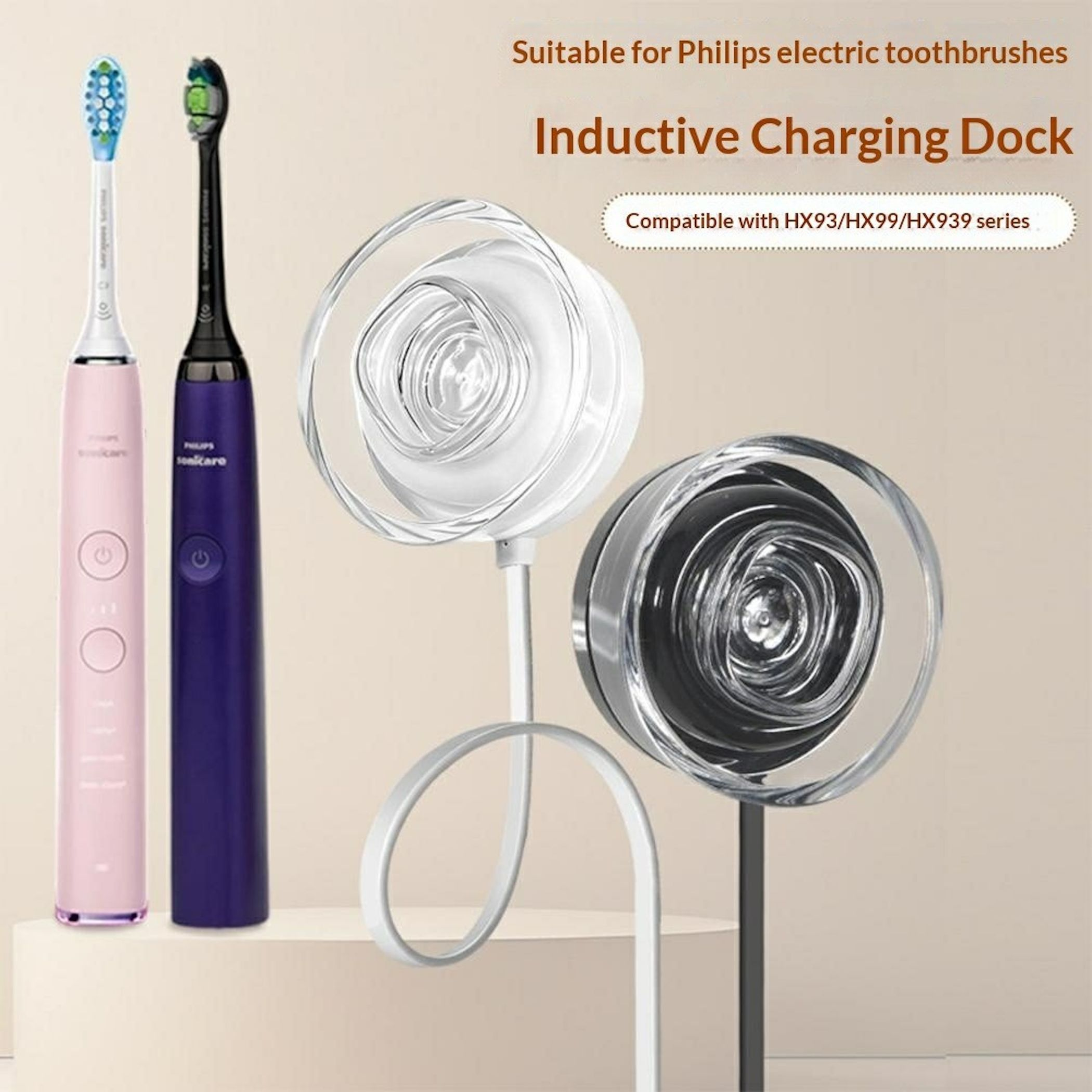 Zwei Philips Sonicare Zahnbürsten und zwei Ladebehälter in Weiß und Schwarz.