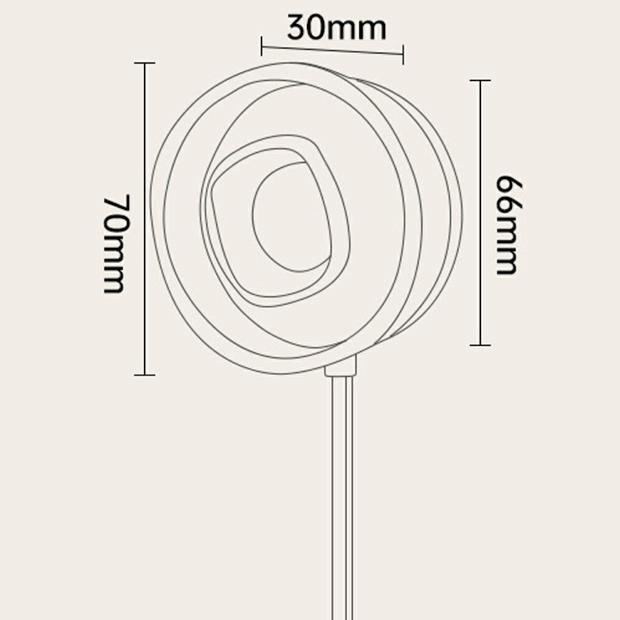 Schematische Darstellung eines runden Objekts mit Maßen 70mm, 66mm und 30mm.