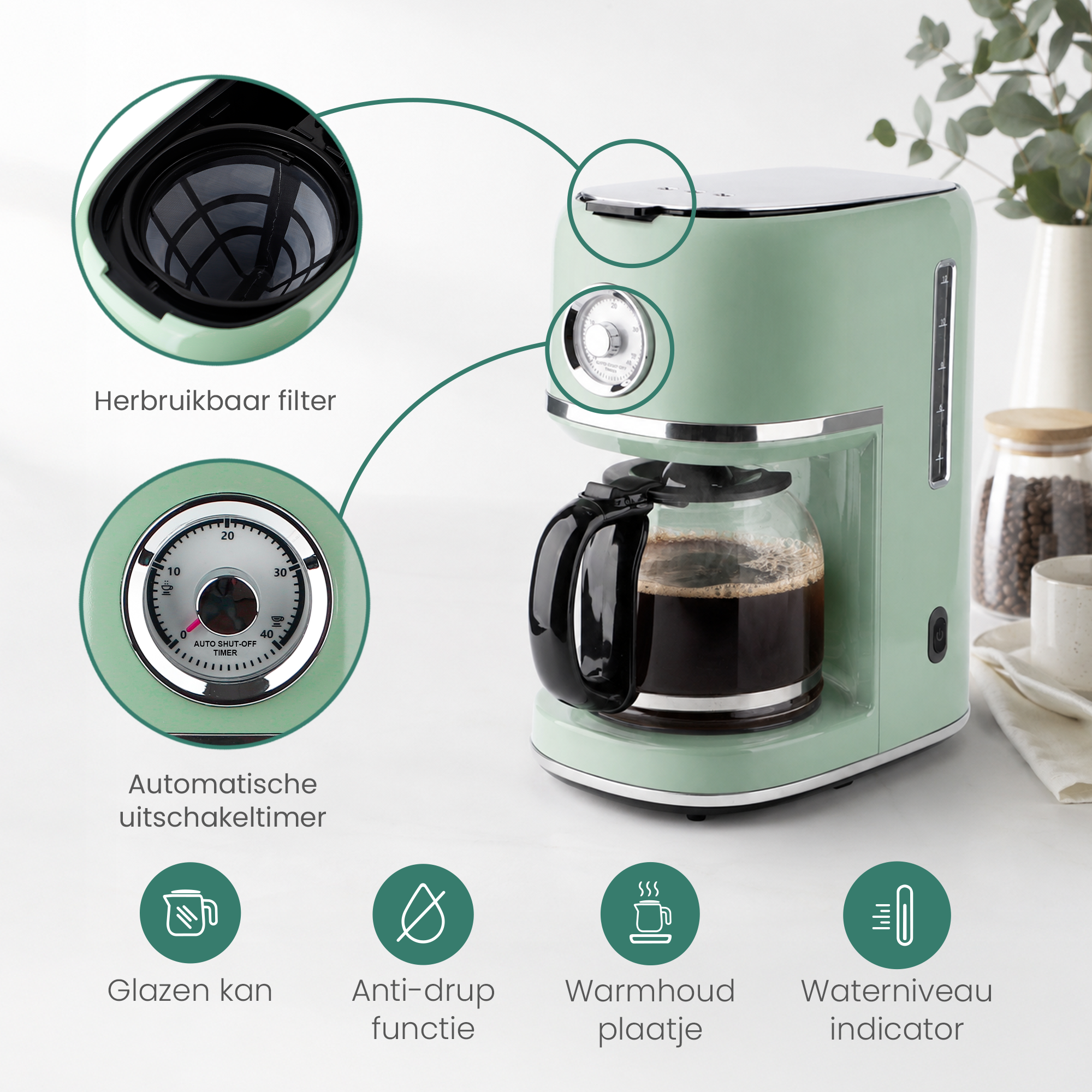 A green coffee maker with a glass carafe brewing coffee. Shows filter, timer, and water level.
