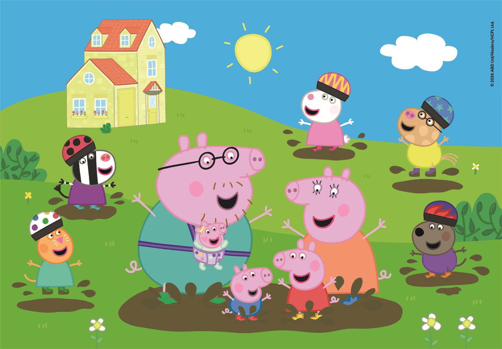 Peppa Pig y familia saltando en charcos de barro frente a su casa.