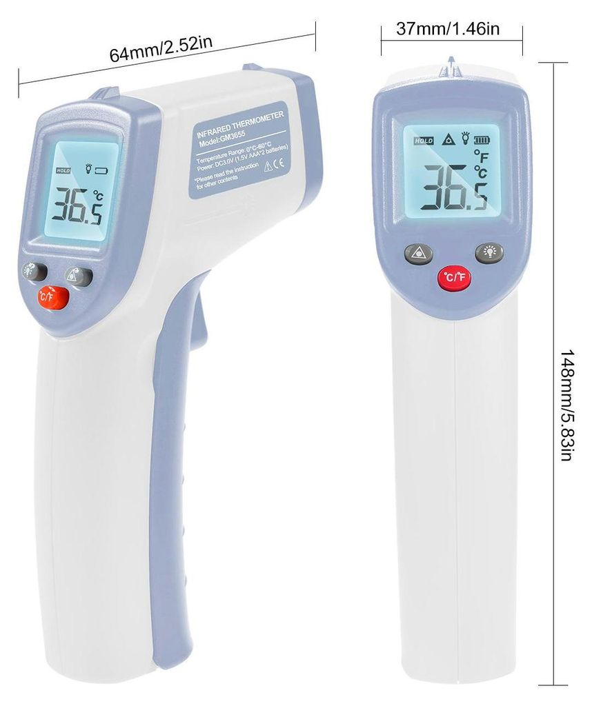 Zwei Infrarot-Thermometer nebeneinander, eines mit Maßen.