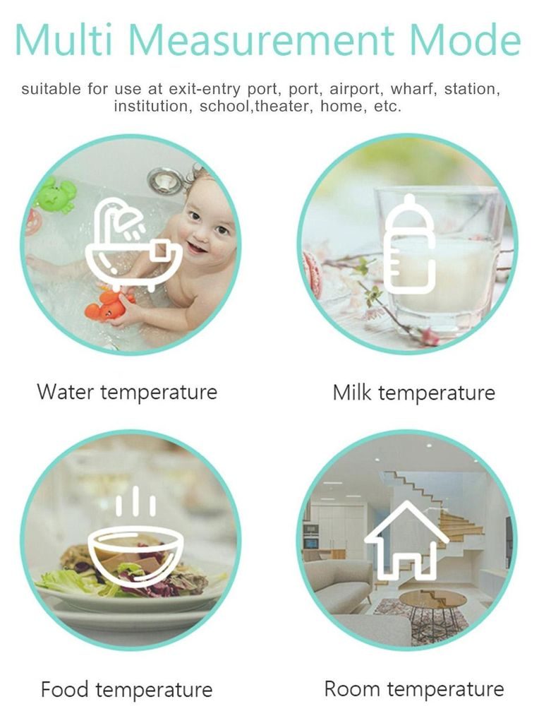 Vier kreisförmige Bilder zeigen Messungen der Wasser-, Milch-, Lebensmittel- und Raumtemperatur.