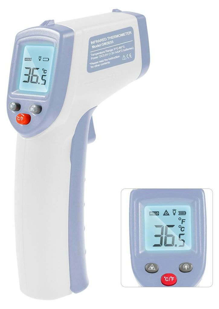 Ein weißes und blaues Infrarot-Thermometer zeigt 36,5 Grad Celsius auf dem Bildschirm an.