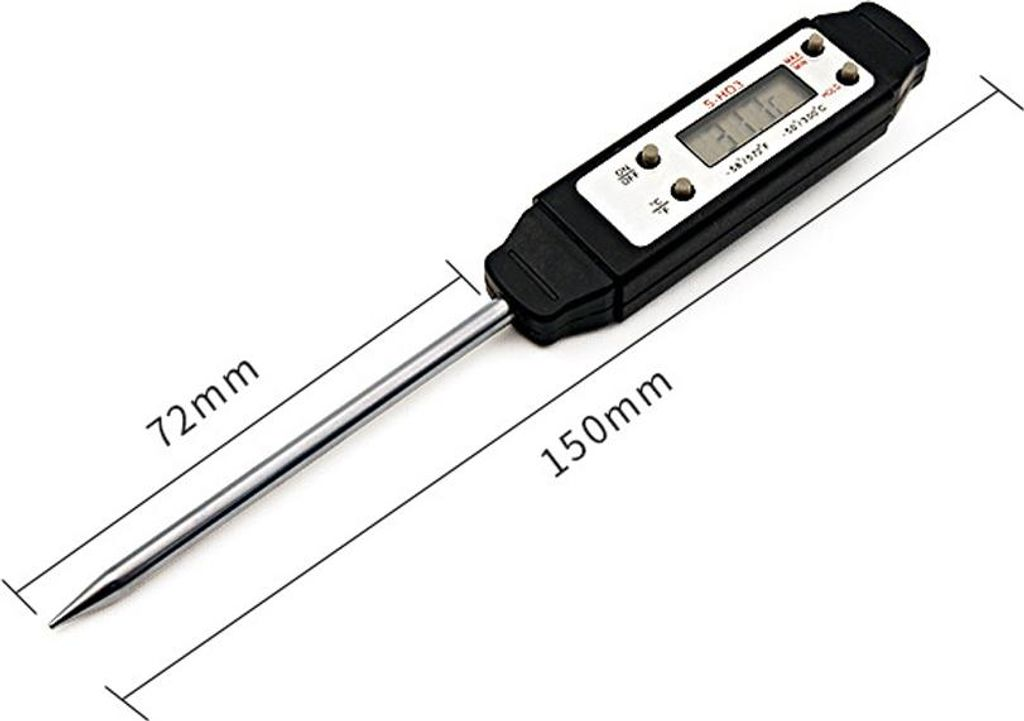 Ein Digitalthermometer mit Metallsonde und schwarzem Griff zeigt 31,1 Grad an.