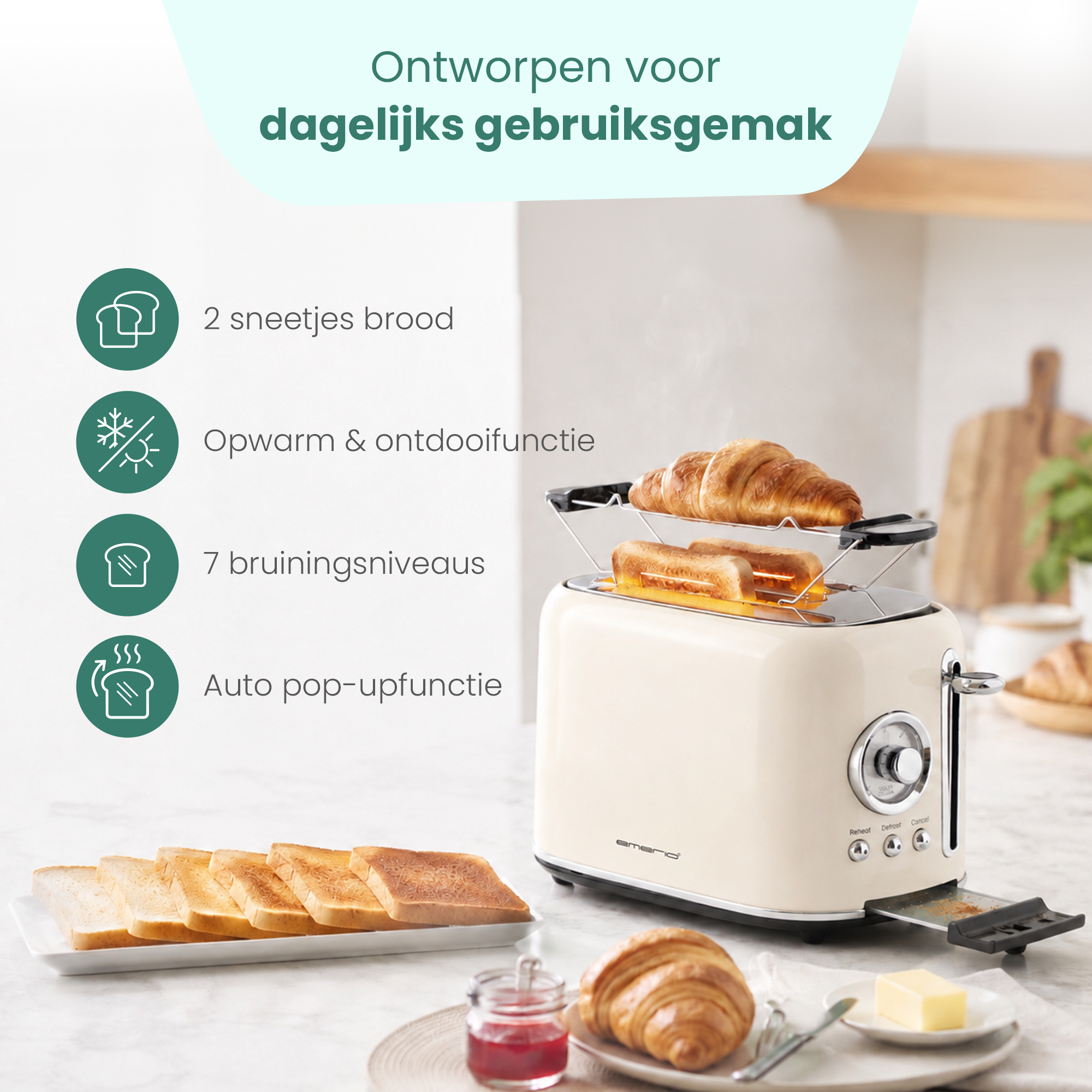 A cream-colored toaster with toast and croissants. Icons for bread, warming, browning, and pop-up are on the left.