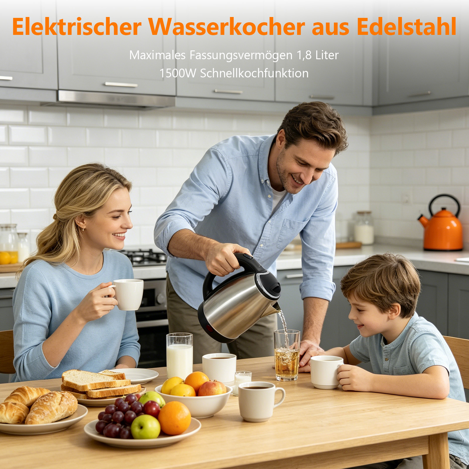 Familie am Frühstückstisch: Mann gießt Wasser ein, Frau und Sohn trinken.