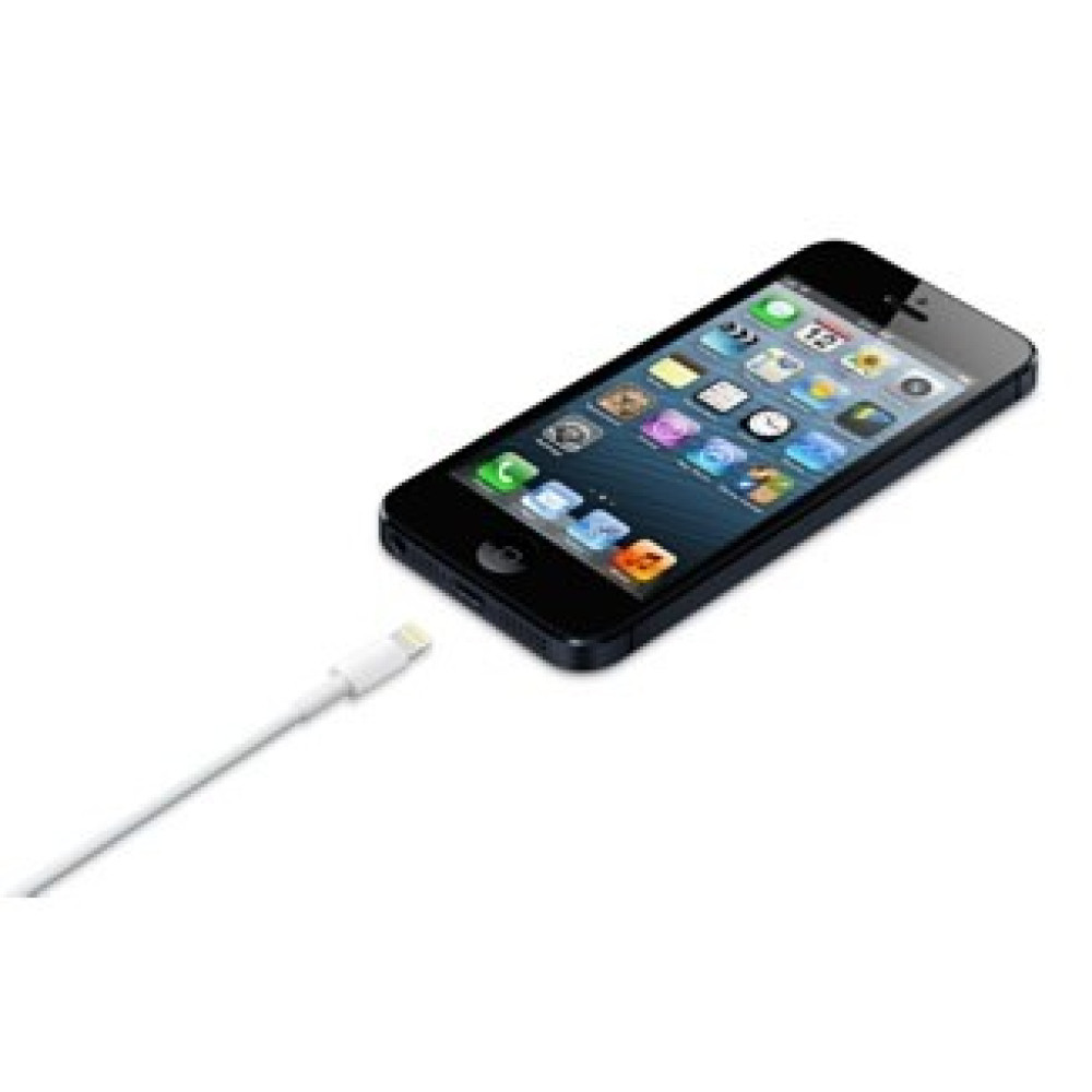Ein schwarzes iPhone mit angeschlossenem Ladekabel auf weißem Hintergrund.