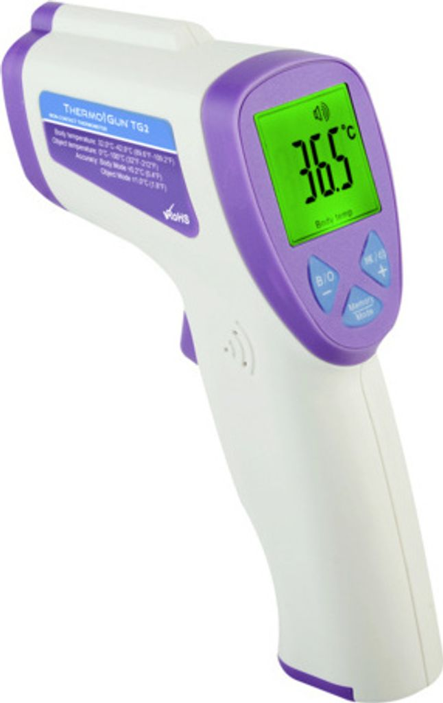 Ein weißes und lila Thermometer mit grünem Bildschirm, der 36,5°C anzeigt.
