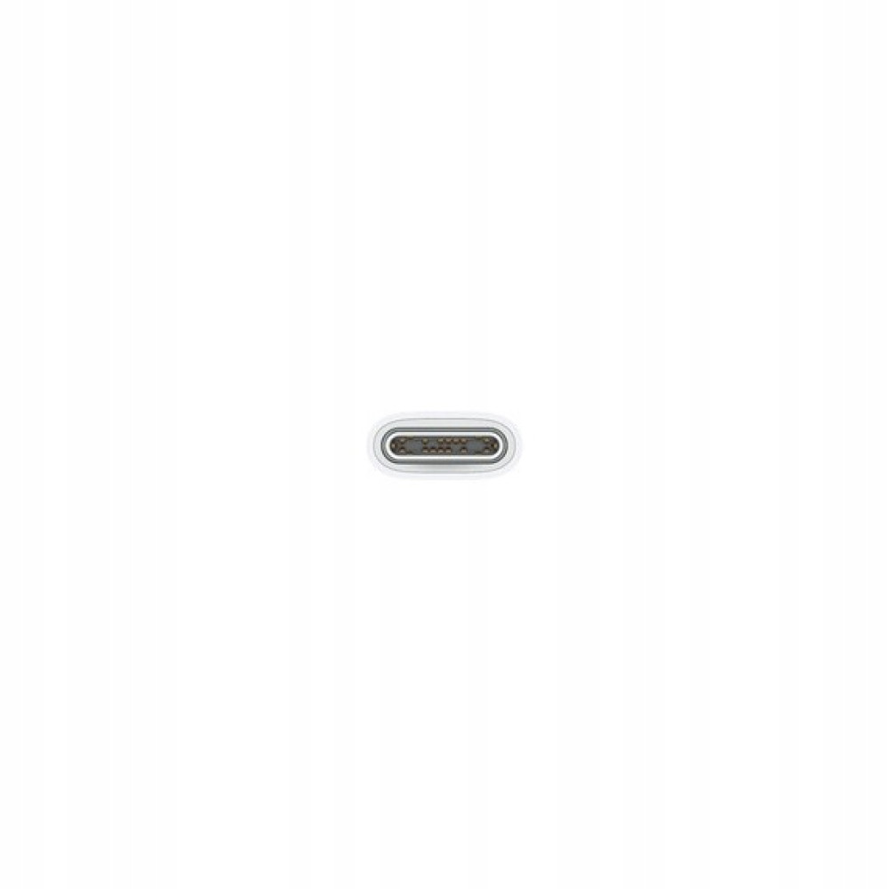 Een witte USB-C-connector met een zilveren rand en zichtbare pinnen.