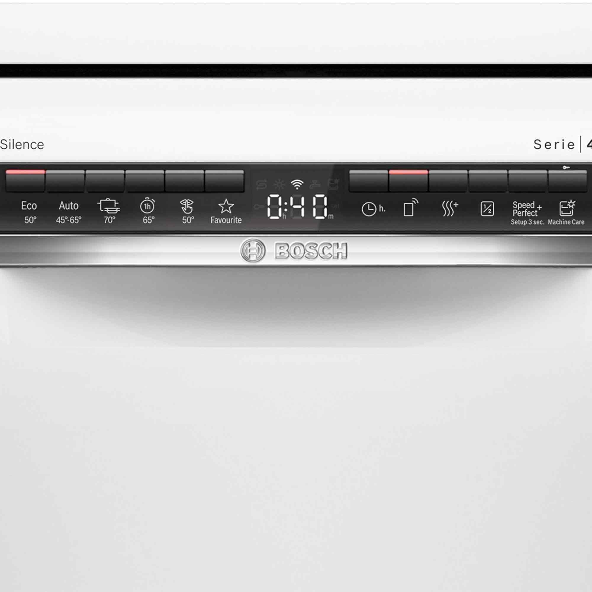 Panel sterowania zmywarki Bosch z programami: Eco, Auto, 70°, 65°, 50°, Favourite.