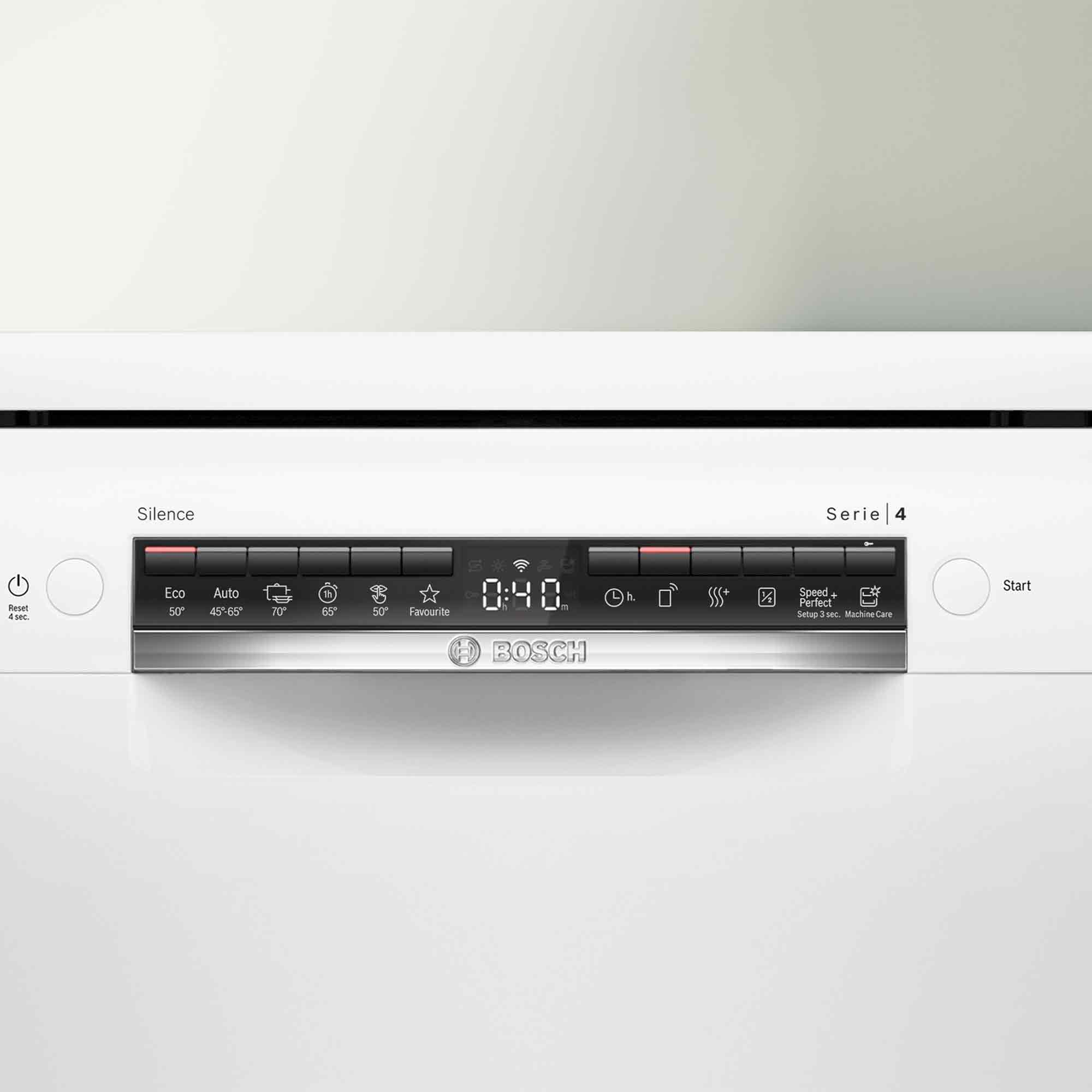 Panel sterowania zmywarki z wyświetlaczami cyfrowymi, przyciskami i logo Bosch.