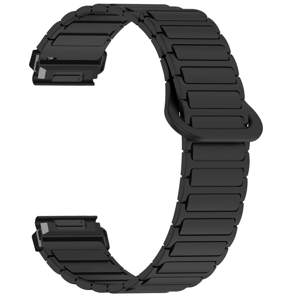 Ein schwarzes, gliedriges Uhrenarmband aus Metall mit einem Dornverschluss.
