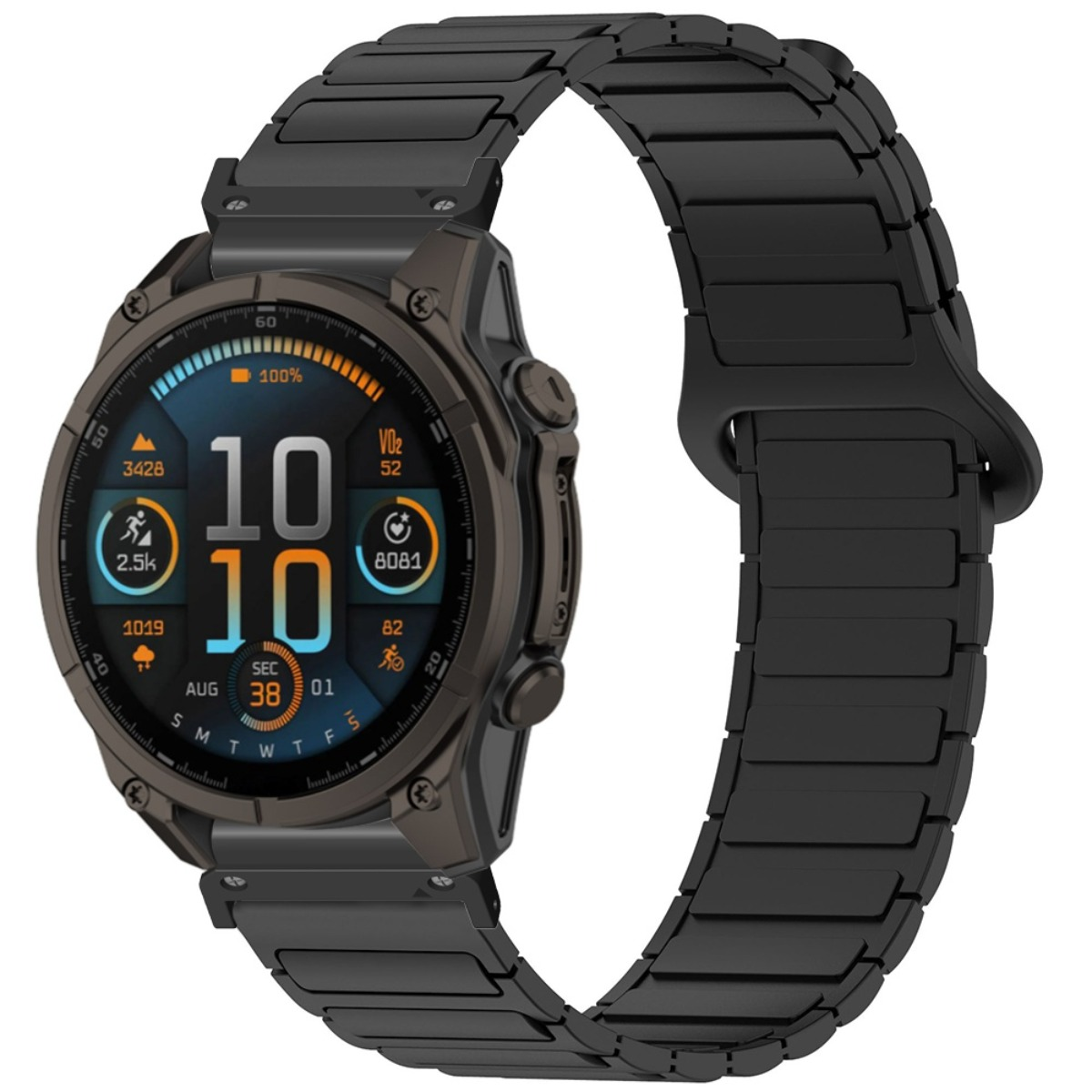 Eine dunkelgraue Smartwatch mit Metallarmband zeigt Uhrzeit, Schritte, VO2-Max und Akku.