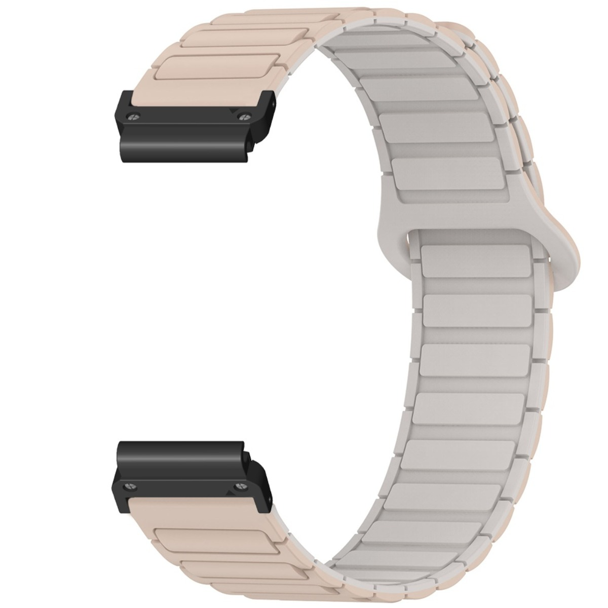 Ein beigefarbenes und hellgraues Armband mit schwarzen Verbindungsstücken.