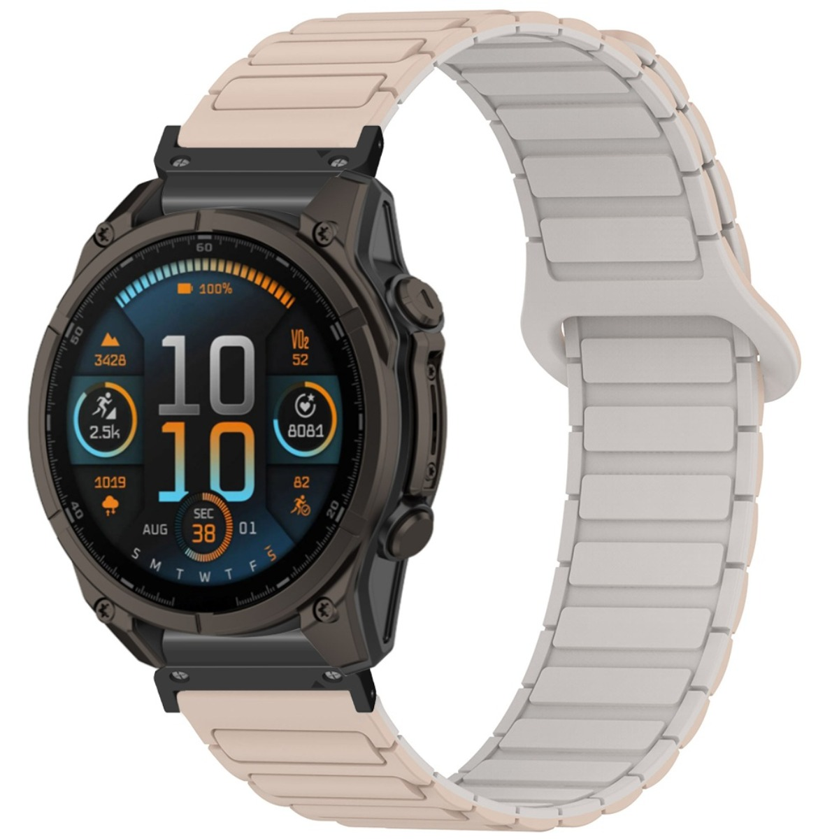 Eine dunkle Smartwatch mit hellem Armband zeigt Uhrzeit, Herzfrequenz und Schritte an.