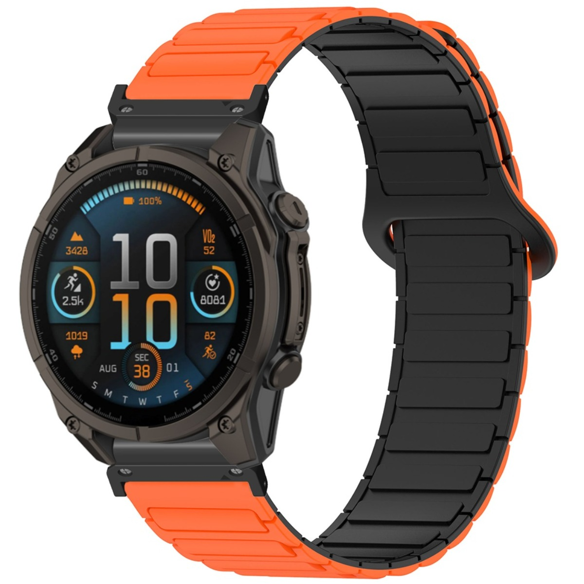 Eine Smartwatch mit dunkelgrauem Gehäuse, orange-schwarzem Armband. Der Bildschirm zeigt Zeit, Datum und Fitnessdaten.