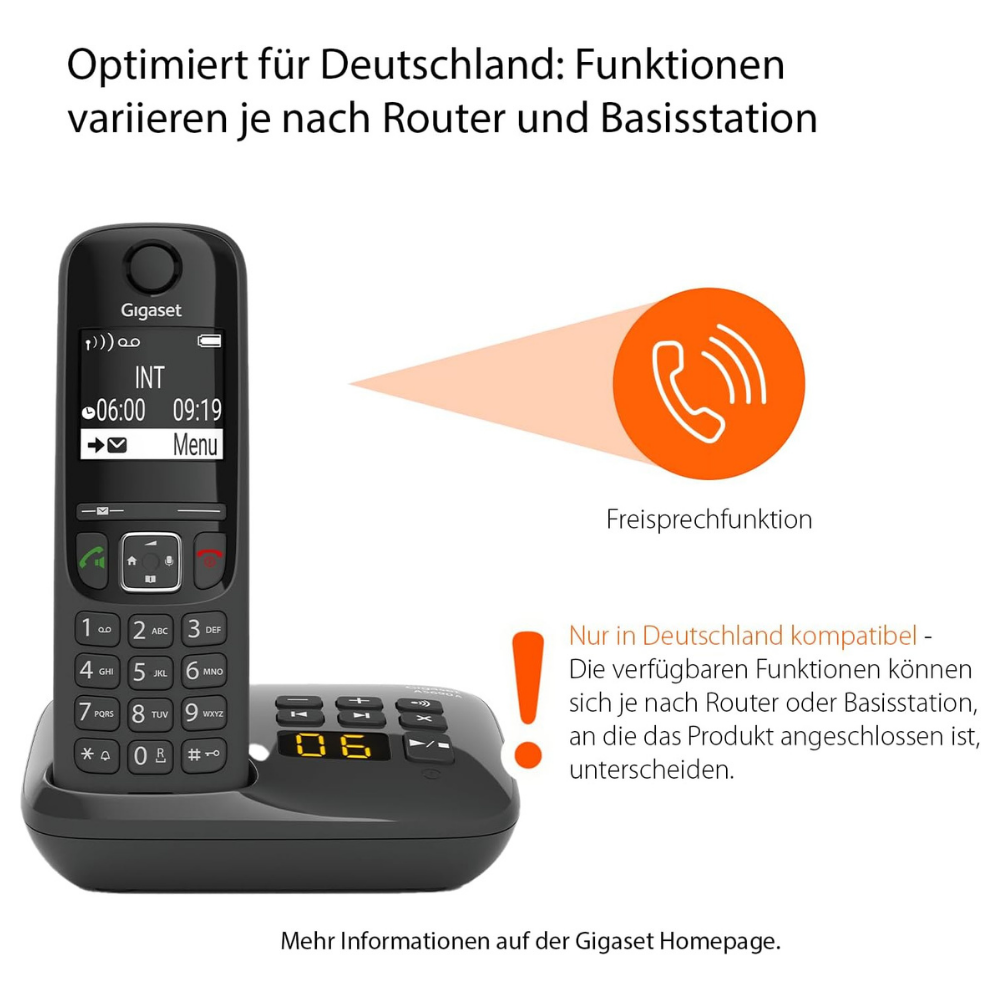 Gigaset Telefon mit Display, Tastatur und Basisstation. Freisprechfunktion hervorgehoben.
