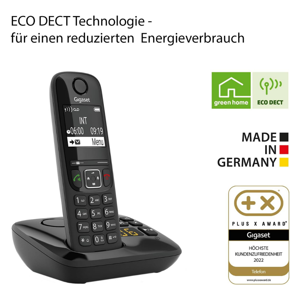 Ein schwarzes Gigaset DECT-Telefon mit Ladeschale und Auszeichnungen.