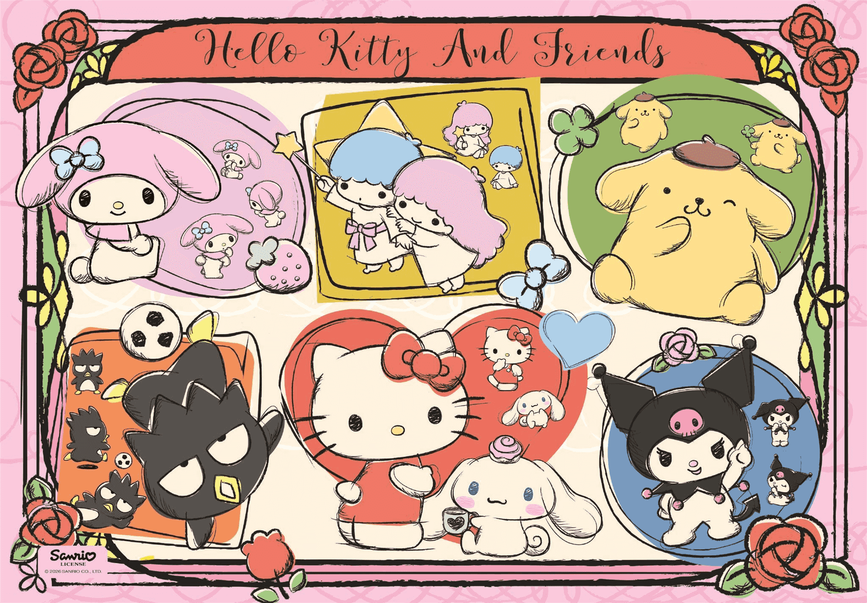 Hello Kitty y Amigos: My Melody, Little Twin Stars, Pompompurin, Badtz-Maru, Hello Kitty, Cinnamoroll, Kuromi.