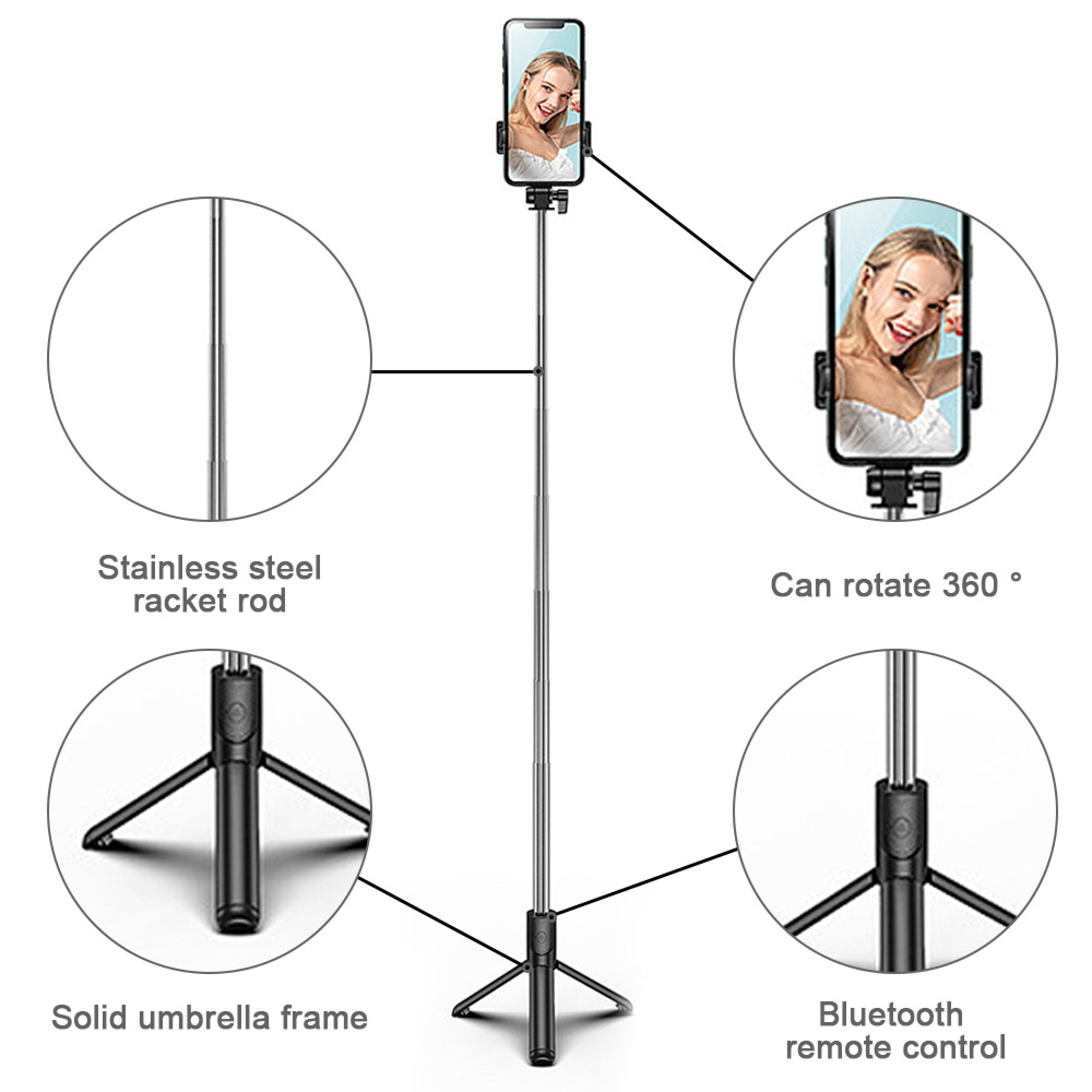 Ein Selfie-Stick mit Stativ, Edelstahlstange und Bluetooth-Fernbedienung.