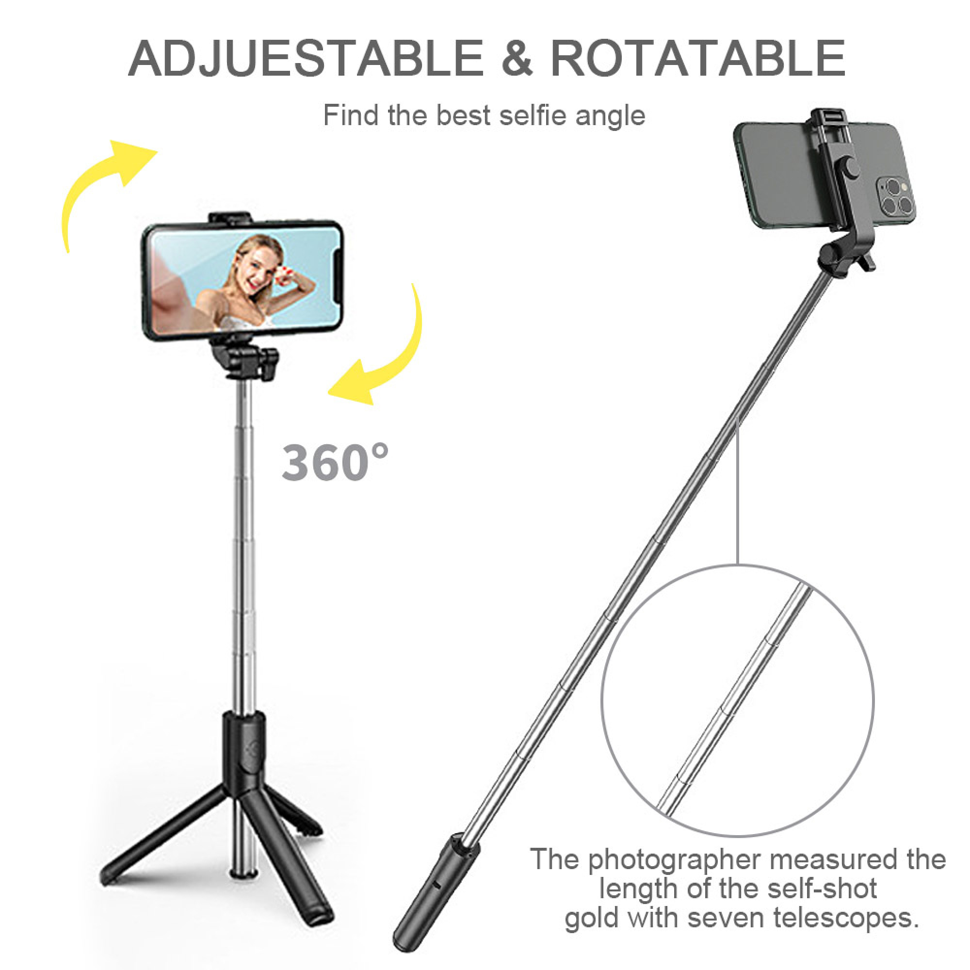 Ein Selfie-Stick mit Stativ und Smartphone-Halterung wird gezeigt.