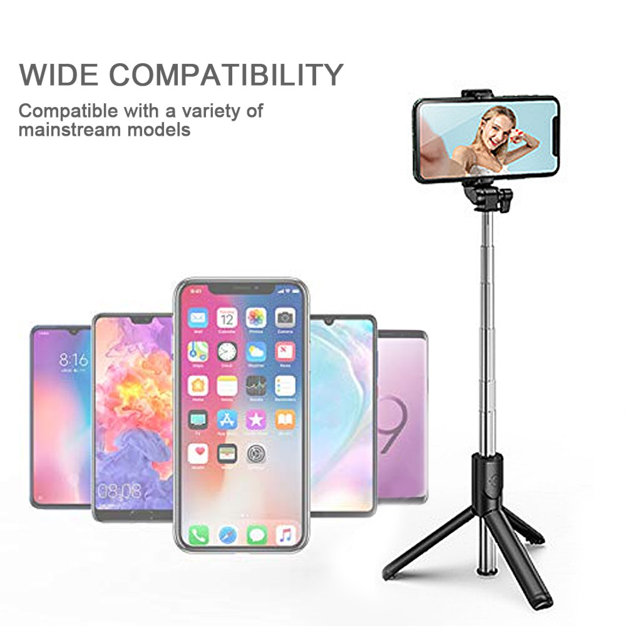 Ein Selfie-Stick-Stativ hält ein Smartphone mit einer jungen Frau, mehrere Handys stehen daneben.