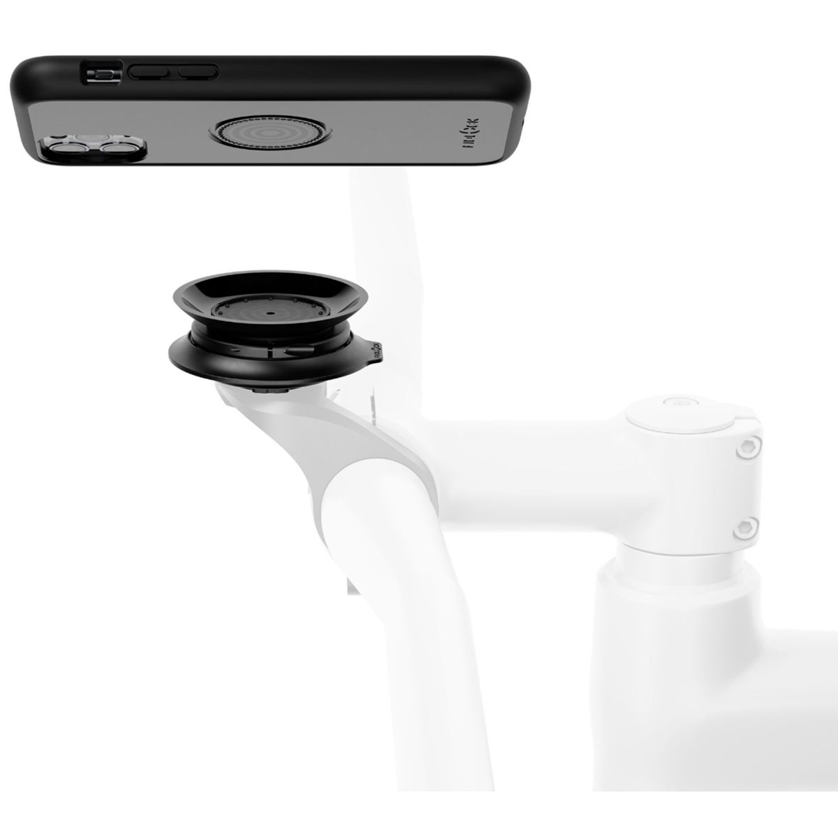 Custodia nera per telefono con supporto PopSocket su manubrio bici bianco.