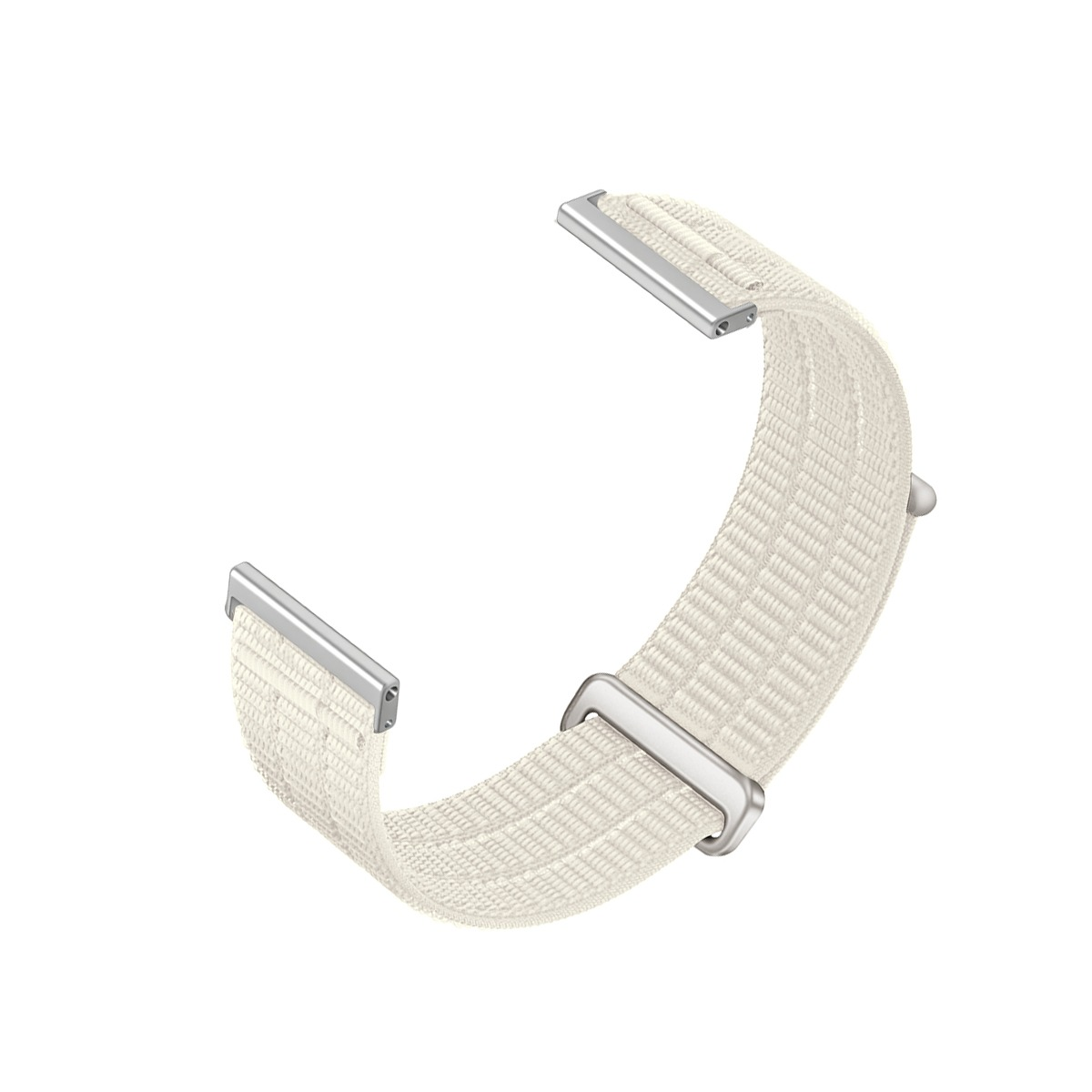 Ein cremefarbener Stoffuhrenarmband mit silbernen Anschlüssen.