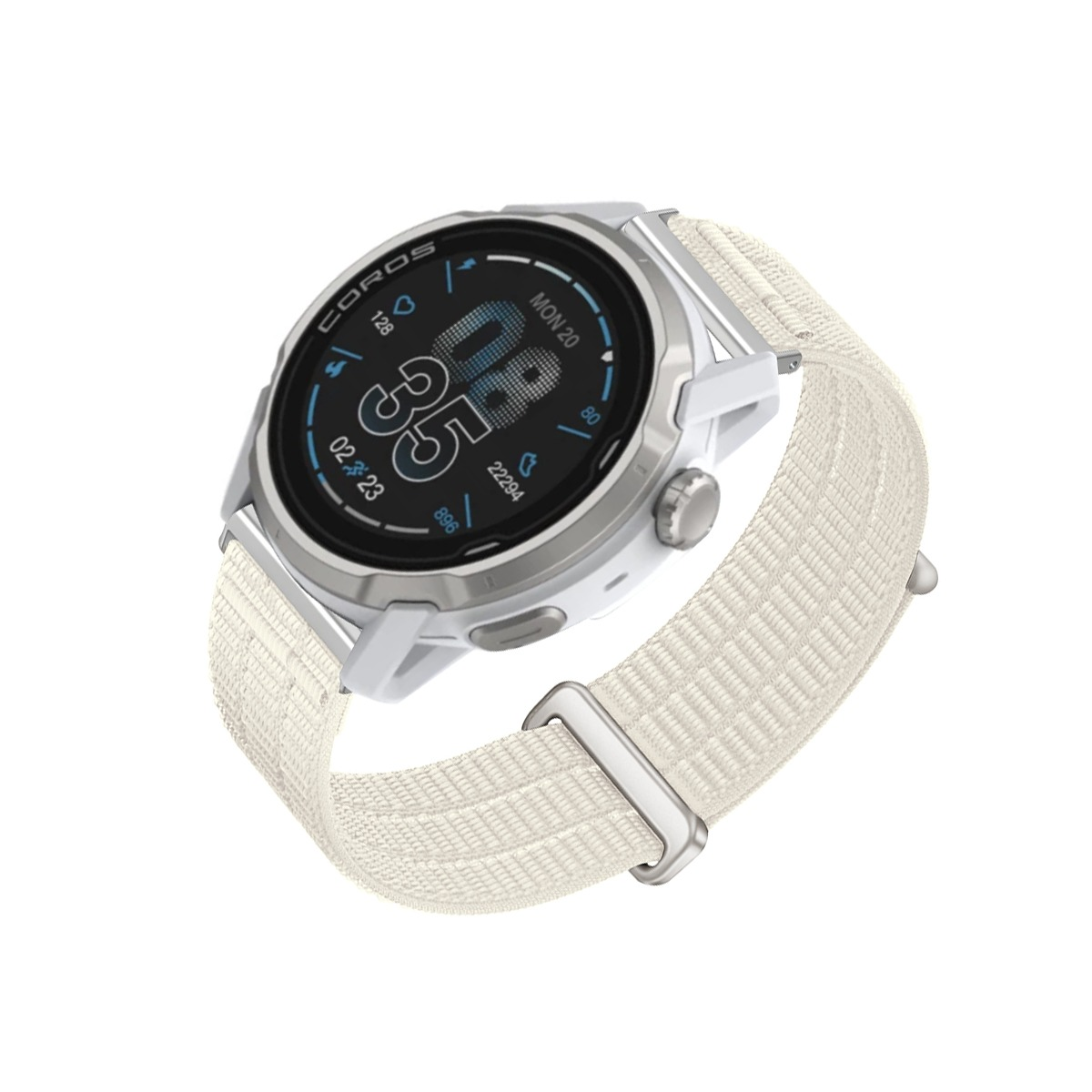 Weiße Coros-Uhr mit digitalem Zifferblatt, das Zeit und Statistiken anzeigt, an einem beige gewebten Armband.